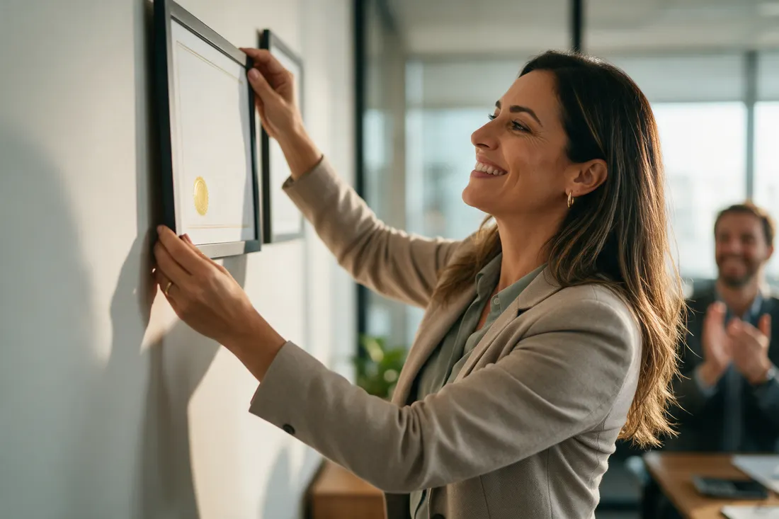Gestora pendurando o certificado ISO na parede da empresa